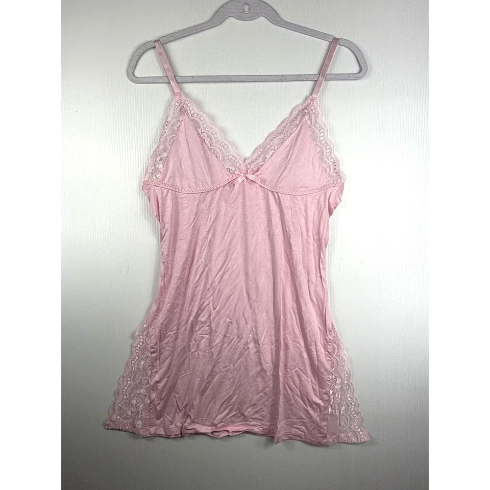 Women's XL Pink Lace Trim Nightgown Cotton Stretch‎ Coquette Sleepwear Chemise